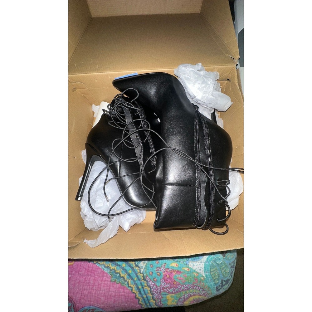 Black Lace Up Over The Knee Stiletto Boots Pointed Toe Side Zip Thigh High